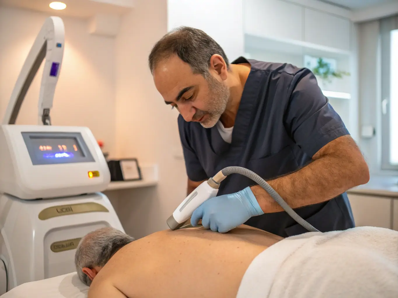 A technician performing a laser skin treatment on a patient in a modern treatment room with high-tech equipment, highlighting the clinic's laser and aesthetic procedures.