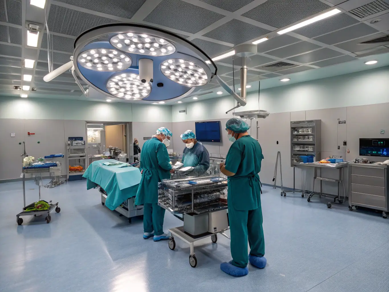 A surgeon preparing for a minor outpatient procedure in a sterile, high-end surgical suite, emphasizing the clinic's surgical and wellness services.