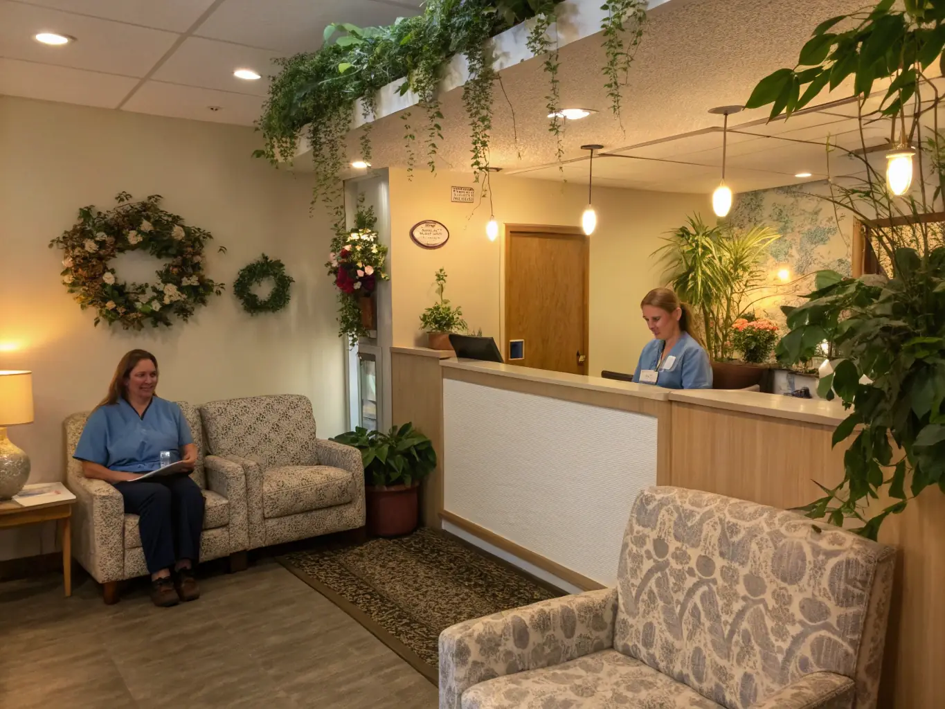 A welcoming reception area of Sazian Specialist Clinic, showcasing a clean, modern design with comfortable seating and a friendly receptionist greeting a patient.