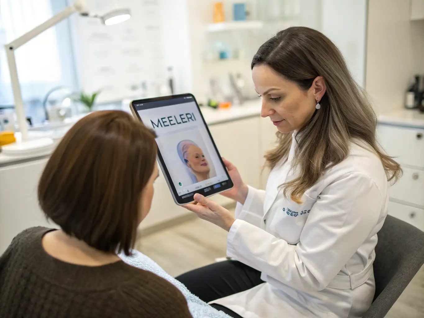 A dermatologist consulting with a patient, reviewing their skin analysis results and discussing a personalized treatment plan.