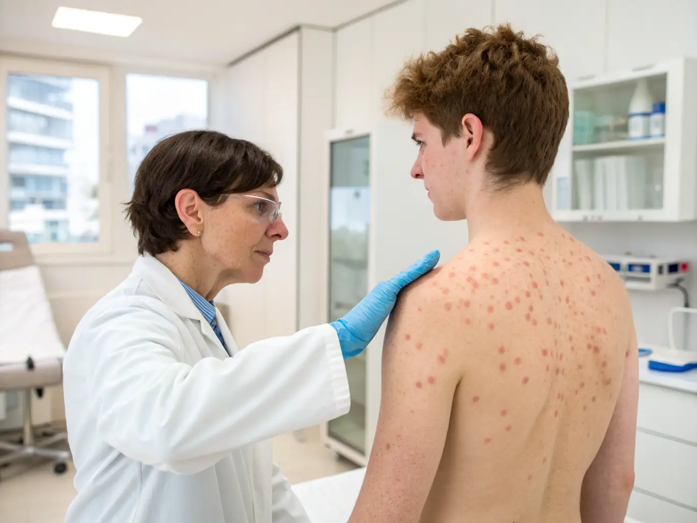 A close-up image of a dermatologist examining a patient's skin with advanced equipment in a clean, modern clinic setting, showcasing the clinic's commitment to dermatological treatments.