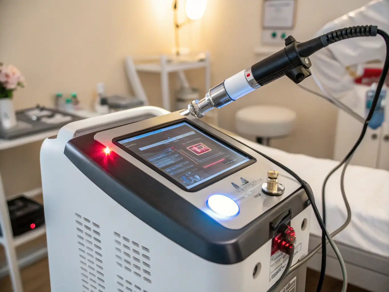 A state-of-the-art laser treatment room at Sazian Specialist Clinic, featuring advanced laser equipment and a technician preparing for a procedure.