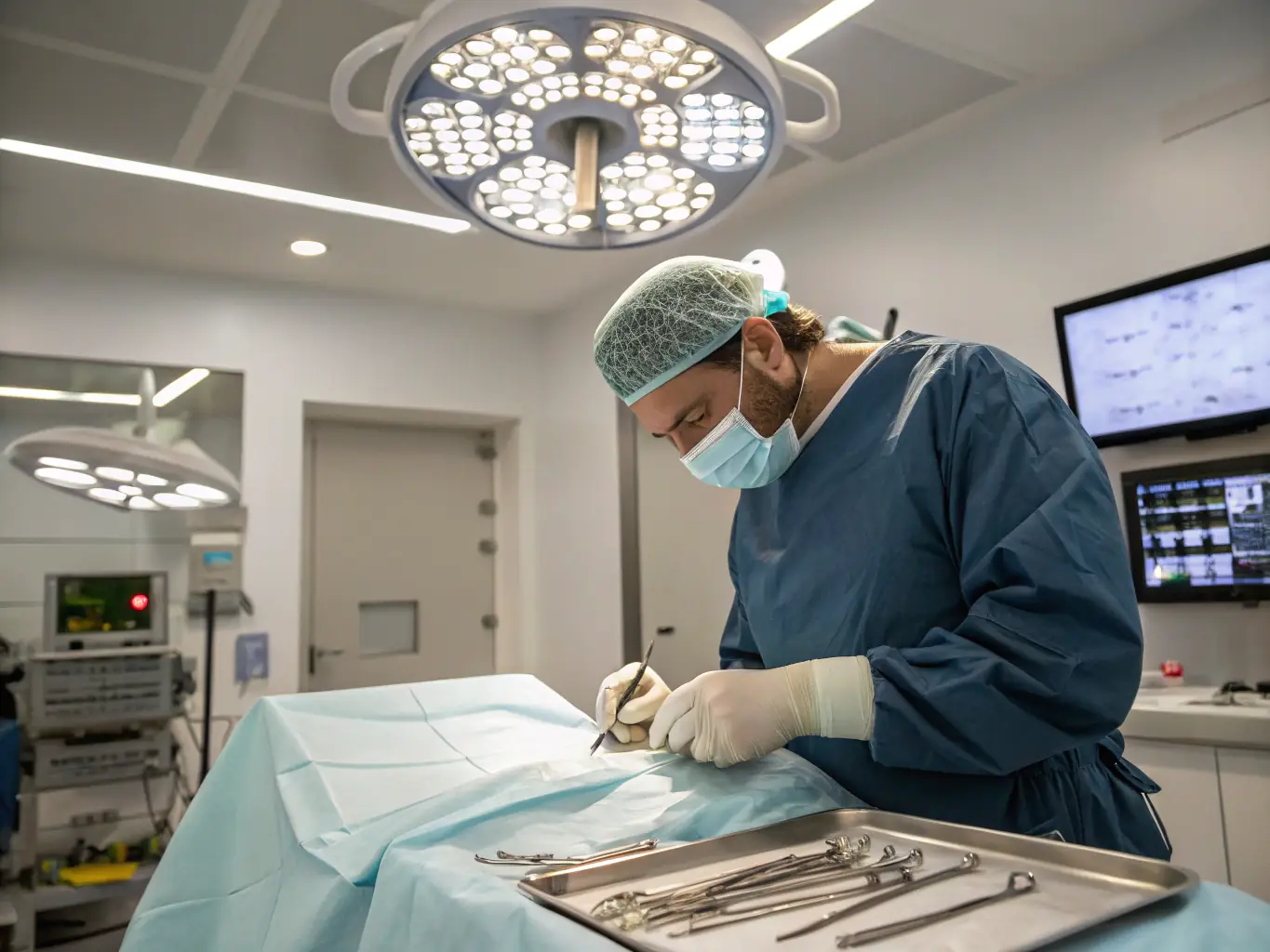 A surgeon at Sazian Specialist Clinic performing a minor cosmetic surgery in a sterile and modern operating room.